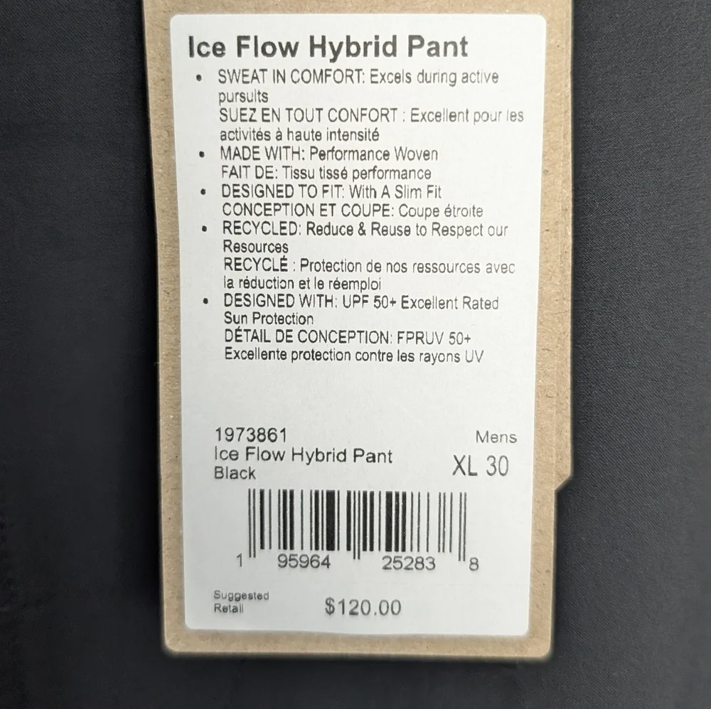 PrAna Ice Flow Hybrid Pant Black Mens Slim Elastic Waist Wicking Hybrid UPF 50